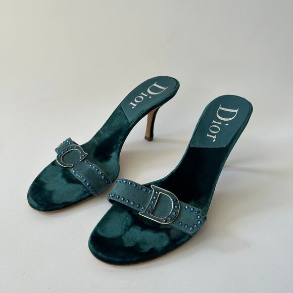 VINTAGE CHRISTIAN DIOR BLUE VELVELT EMBELLISHED HEELS - Picture 1 of 9
